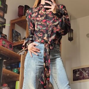 Maison Cinqcent Womens Top Black Floral Sheer Tie Front Smocked Mock Neck - S